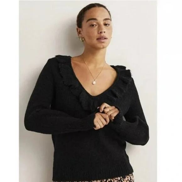 Boden Fluffy Frill Wool Blend V-Neck Sweater in Black - Picture 1 of 7